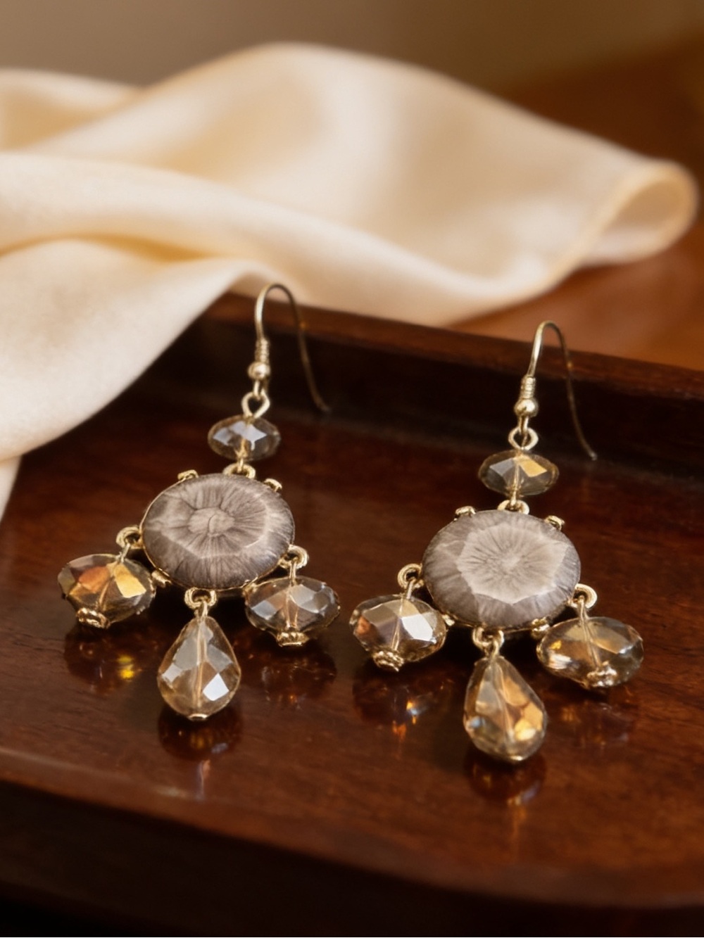 Gold-Tone Earrings with Gray Floral Center and Amber Drops - Women's Jewelry